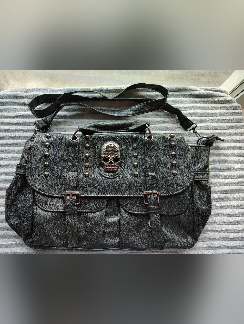 Black Studded Women's Satchel with Skull Accent